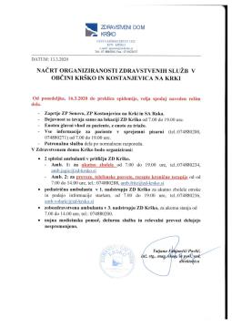 Obvestilo ZD Krsko o nacrtu organiziranosti 13.3.2020